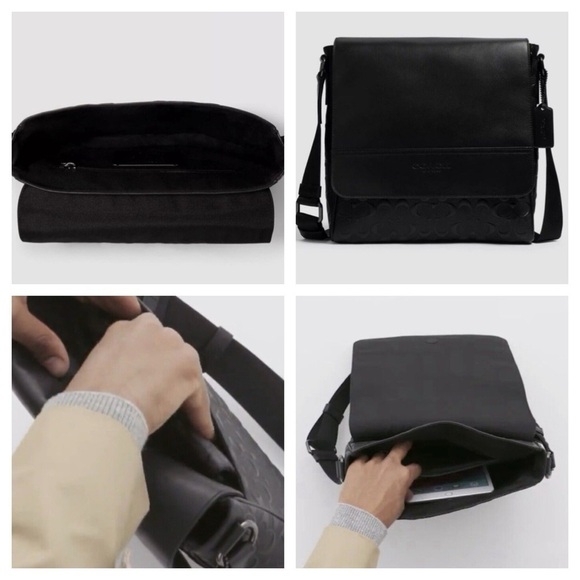 COACH Houston Map Crossbody Bag In Black Signature Leather with cart holder NWT - Picture 3 of 10